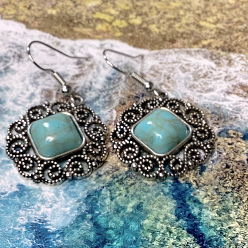 Silver Oxidized Geometric Turquoise Earrings